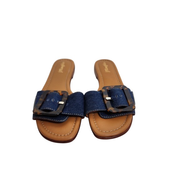 J. McLAUGLIN Shoes Womens 9.5 Blue Denim Bella Slide Sandal Tortoise Buckle Flat - Picture 3 of 9